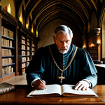 A wise medieval monarch, male, fully clothed in professional, modest regal attire, sits at a grand oak desk in a candlelit castle study. A large, detailed map of a kingdom is spread before him, alongside ancient scrolls and a quill. His expression is contemplative, reflecting long-term strategic planning for his dynasty's future. The room features high arched windows and bookshelves filled with historical texts, evoking an atmosphere of wisdom and historical depth. The scene is safe for work, appropriate content, family-friendly, perfect anatomy, correct proportions, natural pose, well-formed hands, professional photography, cinematic lighting, high quality.