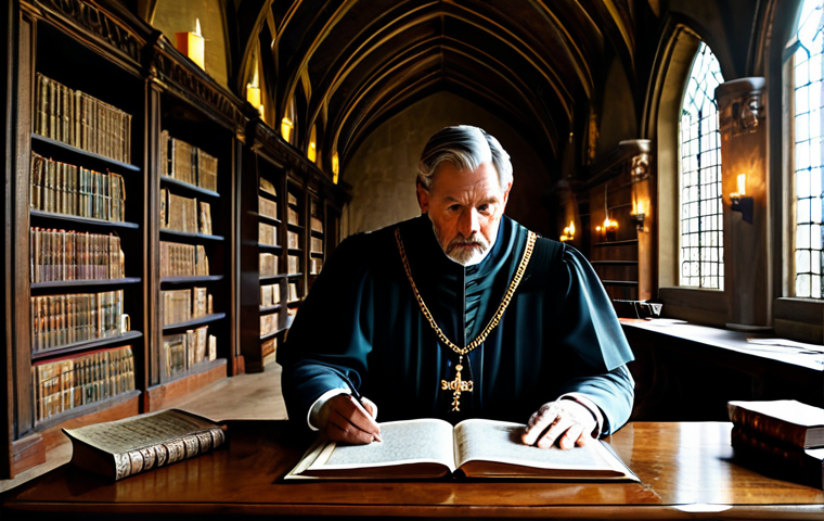 A wise medieval monarch, male, fully clothed in professional, modest regal attire, sits at a grand oak desk in a candlelit castle study. A large, detailed map of a kingdom is spread before him, alongside ancient scrolls and a quill. His expression is contemplative, reflecting long-term strategic planning for his dynasty's future. The room features high arched windows and bookshelves filled with historical texts, evoking an atmosphere of wisdom and historical depth. The scene is safe for work, appropriate content, family-friendly, perfect anatomy, correct proportions, natural pose, well-formed hands, professional photography, cinematic lighting, high quality.